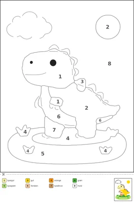 Tegning til farvelægning af en smilende dinosaur med pigge på ryggen, der står på græs, med tal i hvert felt og en farvenøgle nederst