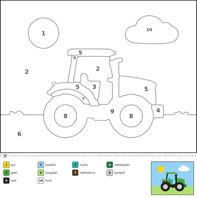 Tegning til farvelægning af en traktor, der kører på en mark under en sol og en sky, med tal i hvert felt og en farvenøgle nederst.