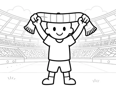 Tegning til farvelægning af en ung fodboldfan, der løfter et langt halstørklæde over hovedet i et stort stadion med tag.