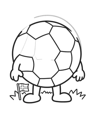 Tegning til farvelægning af en stor fodbold med arme og ben, der står på græsset ved siden af et lille dansk flag på en stang.