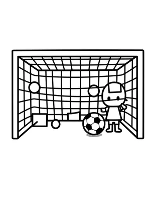 Tegning til farvelægning af et stort fodboldmål med net, en bold foran og en lille målmand ved stolpen.