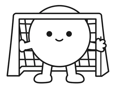 Tegning til farvelægning af et stort fodboldmål med net og en smilende bold foran målet.