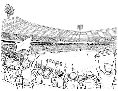 Tegning til farvelægning af et fodboldstadion set fra en fyldt tribune med fans, flag, halstørklæder og lysmaster.