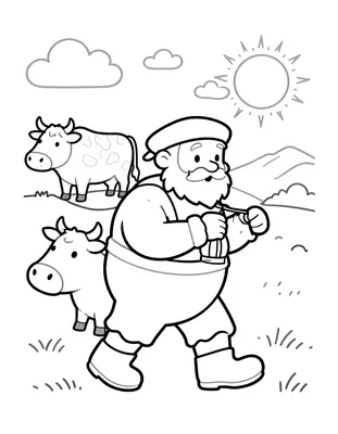 Tegning til farvelægning af en gammel gårdnisse med hvidt skæg, spids hue og træsko, der bærer en lygte gennem stalden forbi en ko og en kalv.