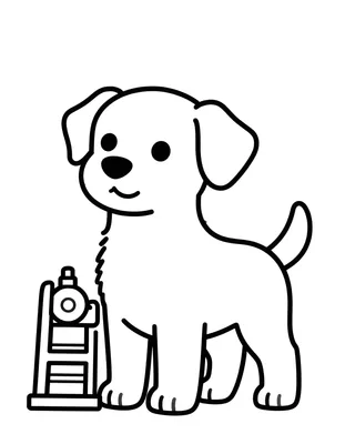 Tegning til farvelægning af en glad hund, der står ved siden af en brandhane med en lille stige.
