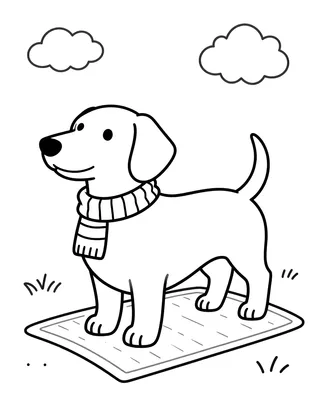 Tegning til farvelægning af en gravhund med strikket halstørklæde, der står på en dørmåtte ved et par gummistøvler