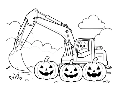 Tegning til farvelægning af en gravko, der skovler græskar sammen til Halloween med en flagermus og en græskarlygte ved siden af.