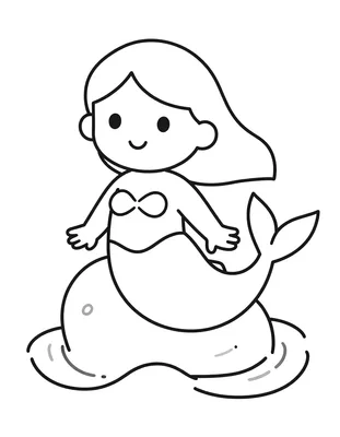 Tegning til farvelægning af en havfrue med langt hår og fiskehale, der sidder på en sten omgivet af en lille bølge.