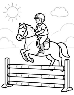 Tegning til farvelægning af en rytter på en hest, der springer over en stribet forhindring på en ridebane.