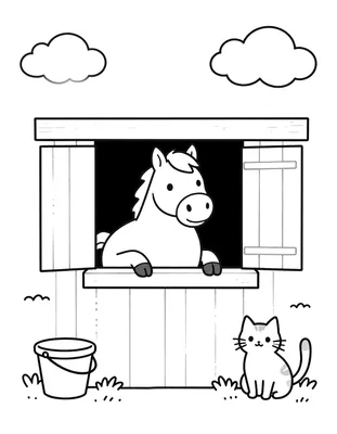 Tegning til farvelægning af en hest, der kigger ud over en stalddør, med en spand, en høne og en kat på kanten.