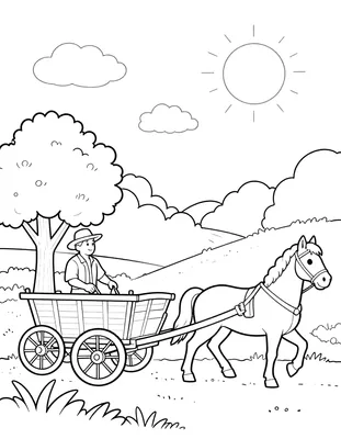 Tegning til farvelægning af en hest, der trækker en gammel trævogn med en landmand ad en vej med træer.