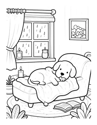 Tegning til farvelægning af en hund, der sover på et tæppe i en lænestol i et hyggeligt rum med regn uden for vinduet