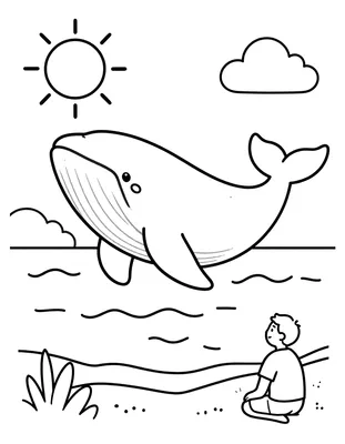 Tegning til farvelægning med en stor venlig hval i havet og en dreng, der sidder på stranden under solen og en sky.
