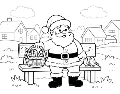 Tegning til farvelægning af julemanden, der sidder på en træbænk og fodrer små vinterfugle, med en kurv med gaver ved siden af og en snedækket landsby i baggrunden.