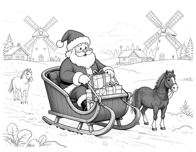 Tegning til farvelægning med julemanden, der læsser pakker i en træslæde foran en rød stald, mens heste ser på i et snedækket landskab med møller.
