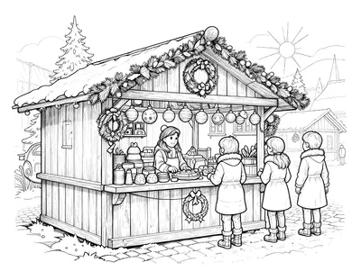Tegning til farvelægning af en julebod på et snedækket marked med julekugler, kranse og guirlander under en vinterhimmel.