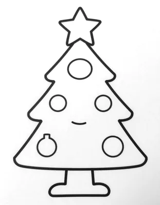 Tegning til farvelægning af et stort juletræ med en stjerne i toppen og runde julekugler på grenene.