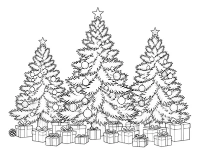 Tegning til farvelægning med tre juletræer fyldt med julekugler, stjerner på toppen og gaver nedenfor.