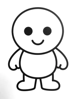 Tegning til farvelægning af en stor kagemand bygget af cirkler og ovaler med knapper og et smilende ansigt.