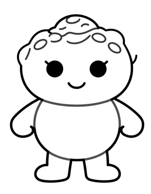 Tegning til farvelægning af en stor kagemand med rundt slik som knapper og et smil, tegnet med kraftige streger.