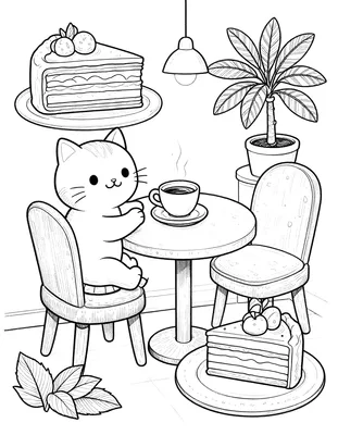 Tegning til farvelægning af en kat, der sidder på en stol ved et cafébord med en kop kaffe, et stykke lagkage og en potteplante.