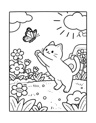 Tegning til farvelægning af en kat, der rækker poten op efter en sommerfugl i en have med blomster, sol og skyer.
