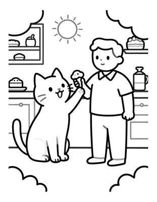 Tegning til farvelægning af en kat, der rækker poten op mod en kagemand i et køkken med kager på hylderne.