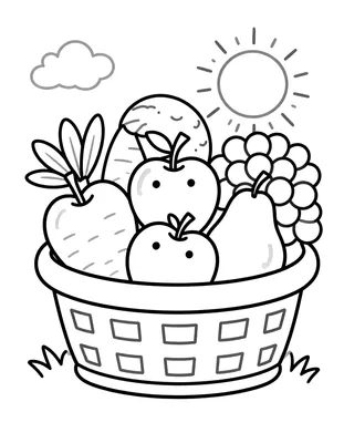 Tegning til farvelægning af en kurv fyldt med æble, banan, gulerod, pære, vindruer og broccoli under en sol.