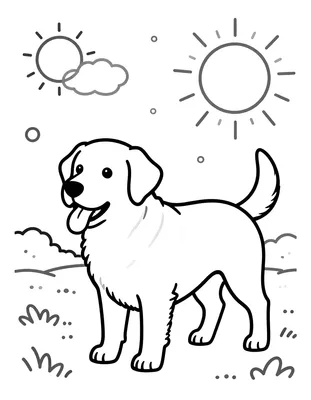 Tegning til farvelægning af en labrador, der løber gennem sneen med tungen ude, mens snefnug falder.