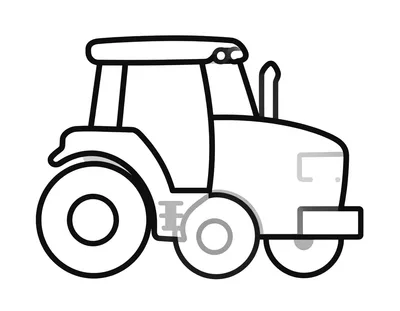 Tegning til farvelægning af en lille traktor med store baghjul og tykke, enkle streger.