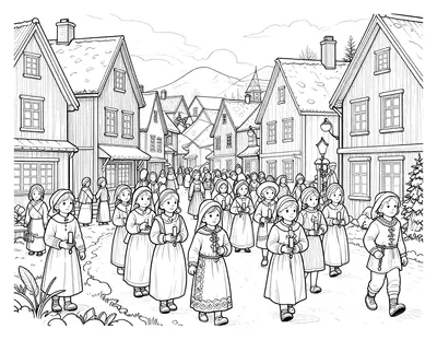 Tegning til farvelægning af et luciaoptog med børn i hvide kjoler og lys, der går gennem en snedækket landsbystræde i skumringen