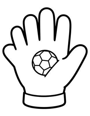 Tegning til farvelægning af en stor målmandshandske, der holder en fodbold med tydelige felter.
