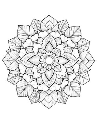 Tegning til farvelægning af en symmetrisk mandala bygget op af lagdelte blomsterblade og blade med fine linjer.