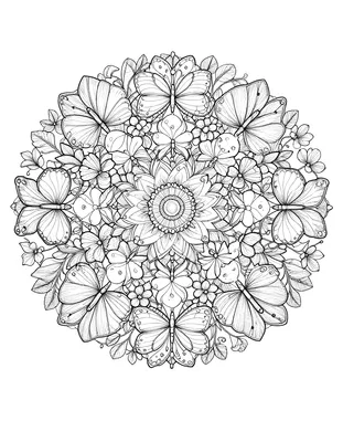 Tegning til farvelægning af en rund mandala bygget op af sommerfugle og små blomster med fine, symmetriske linjer.
