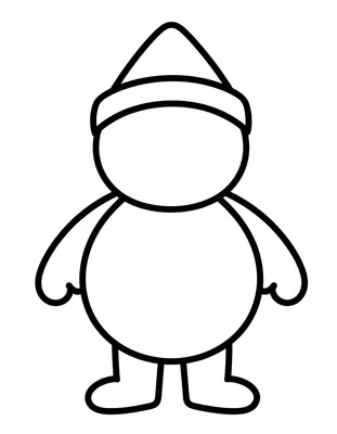 Tegning til farvelægning af en nisse med spids hue, rund mave og træsko, tegnet med kraftige linjer.