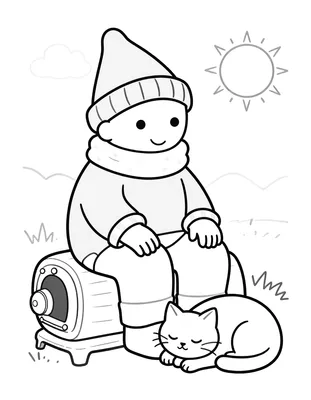 Tegning til farvelægning af en nisse i uldtøj, der sidder på en gammel kakkelovn ved siden af en sovende kat.
