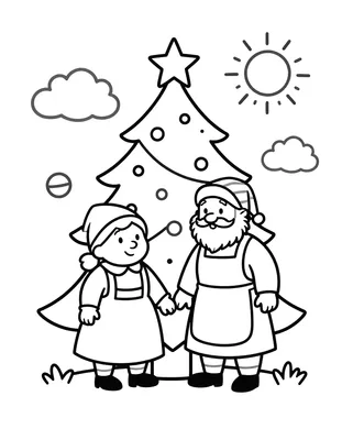 Tegning til farvelægning med nissemor og nissefar, der holder hinanden i hånden foran et juletræ med stjerne på toppen.