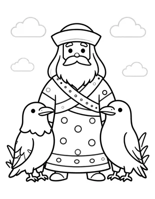 Tegning til farvelægning af Odin med langt skæg, bredskygget hat og stav, med en ravn på hver side.