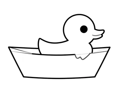 Tegning til farvelægning af en papirbåd, der flyder på vandet med en lille badeand om bord.