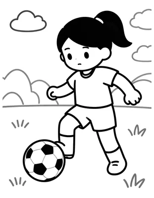 Tegning til farvelægning af en pige med hestehale, der dribler en fodbold på en skolebane.