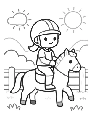Tegning til farvelægning af en smilende pige med ridehjelm, der sidder på en lille pony i en fold med træhegn.