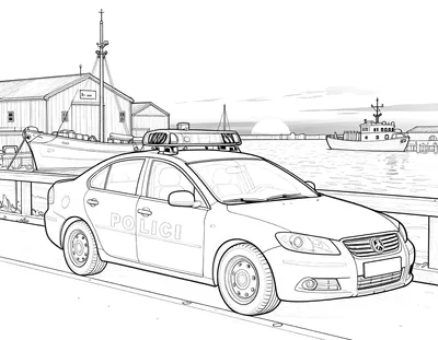 Tegning til farvelægning af en politibil parkeret ved en dansk havn med både og lagerbygninger i baggrunden.