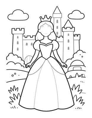Tegning til farvelægning af en prinsesse med krone og lang kjole, der står foran et slot med tårne