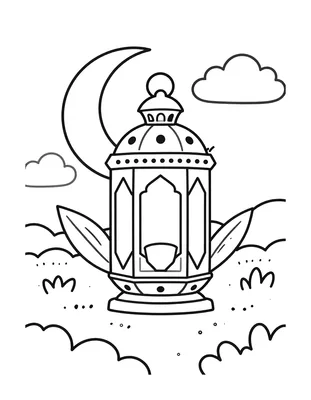 Tegning til farvelægning af en ornamenteret Ramadan-lanterne på en vindueskarm under en halvmåne og skyer.