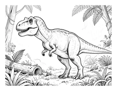 Tegning til farvelægning af en realistisk Tyrannosaurus rex, der går gennem en tåget forhistorisk skov med store bregner og væltede træstammer.