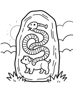 Tegning til farvelægning af en stor runesten med en slange og et dyr foran, omgivet af græs og skyer.