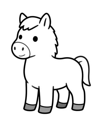 Tegning til farvelægning af en lille rund shetlandspony med stor pandelok og tykke, enkle konturer.