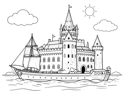 Tegning til farvelægning af et stort slot med tårne og spidse spir ved havet, hvor et sejlskib sejler forbi.