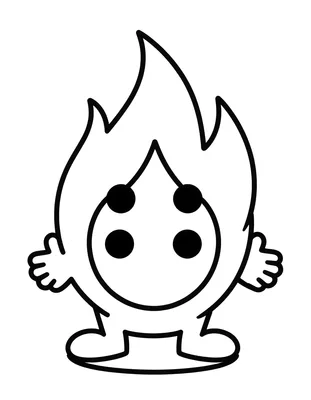 Tegning til farvelægning af en glad flamme med store øjne, små arme og en rund fod, klar til at farvelægge.