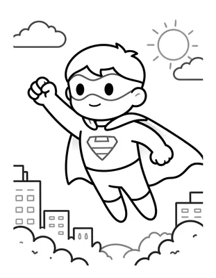 Tegning til farvelægning af en superhelt med maske og kappe, der flyver over byens tage med en knyttet næve fremme.